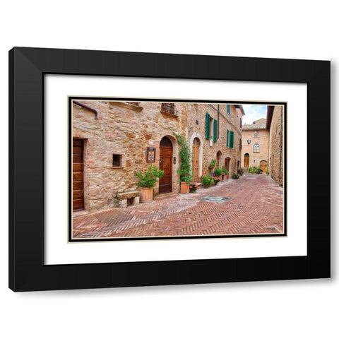 Italy-Tuscany-Pienza Flower pots and potted plants decorate a narrow street in a Tuscany village Black Modern Wood Framed Art Print with Double Matting by Eggers, Julie