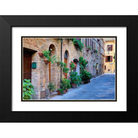 Italy-Tuscany-Pienza Flower pots and potted plants decorate a narrow street in a Tuscany village Black Modern Wood Framed Art Print with Double Matting by Eggers, Julie