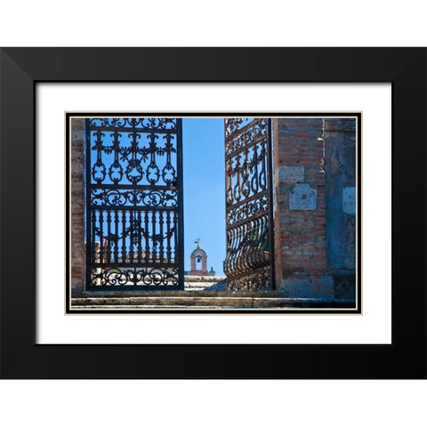 Italy-Tuscany-Montepulciano The wrought iron gate leading to cemetery near Church of San Biaggio Black Modern Wood Framed Art Print with Double Matting by Eggers, Julie
