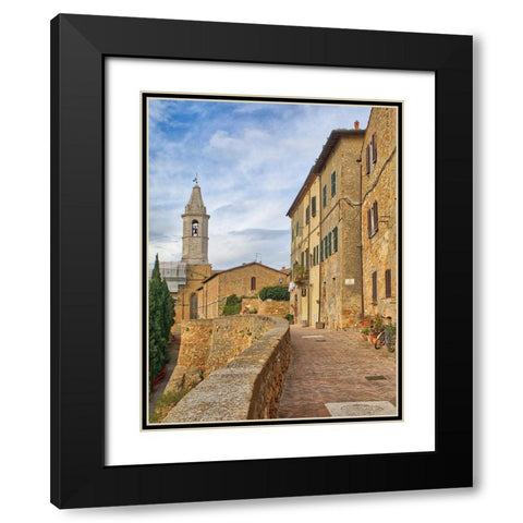 Italy-Tuscany-Pienza Walkway leading to the bell tower of the Pienza cathedral Black Modern Wood Framed Art Print with Double Matting by Eggers, Julie