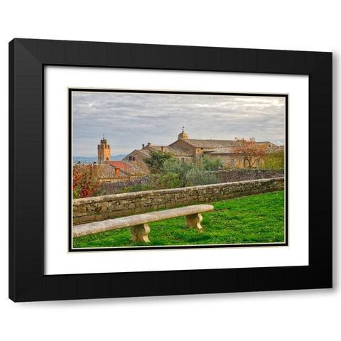 Italy-Tuscany-Province of Siena-Montalcino Stone bench overlooking the town of Montalcino Black Modern Wood Framed Art Print with Double Matting by Eggers, Julie