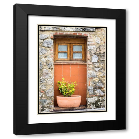 Italy-Chianti-Monteriggioni Wooden shutters on a window with planter below Black Modern Wood Framed Art Print with Double Matting by Eggers, Julie