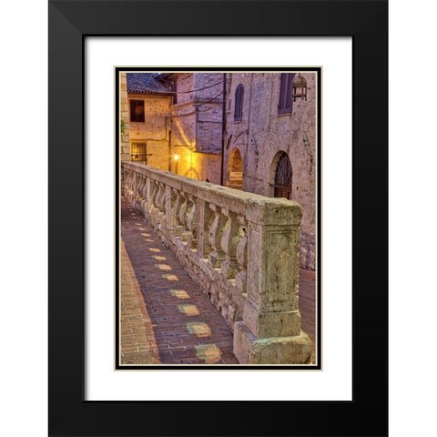Italy- Umbria- Assisi. Short stone wall with columns near the Convento Chiesa Nuova. Black Modern Wood Framed Art Print with Double Matting by Eggers, Julie