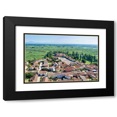 Italy-Mantova-Le Grazie village-Basilica and square-Mincio river valley in the background Black Modern Wood Framed Art Print with Double Matting by Molinari, Michele