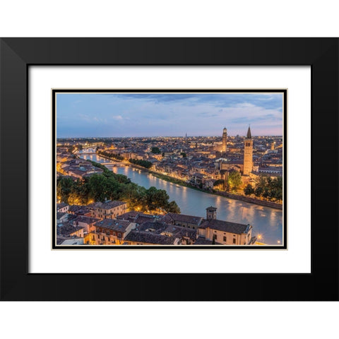 Italy-Verona Looking Down From Castello San Pietro at Twilight Black Modern Wood Framed Art Print with Double Matting by Tilley, Rob
