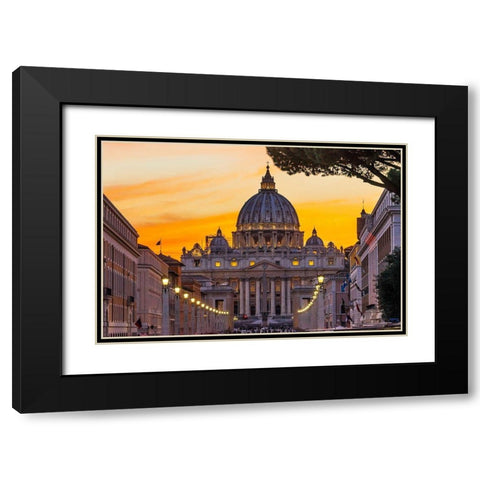 Orange sunset illuminated street lights-Via Della Conciliazione-Saint Peters Basilica-Vatican Black Modern Wood Framed Art Print with Double Matting by Perry, William