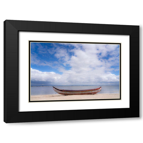 Europe-Portugal-Torreira-Traditional fishing boat on beach Black Modern Wood Framed Art Print with Double Matting by Jaynes Gallery