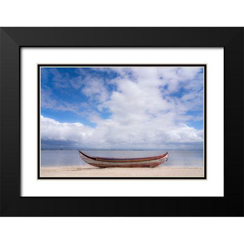 Europe-Portugal-Torreira-Traditional fishing boat on beach Black Modern Wood Framed Art Print with Double Matting by Jaynes Gallery