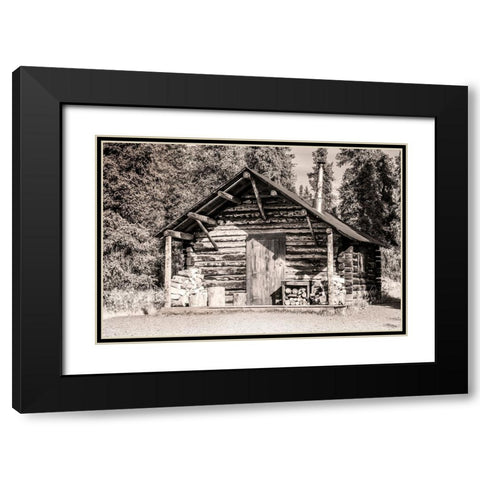 Small- rustic log home in sepia. Black Modern Wood Framed Art Print with Double Matting by Muir, Janet