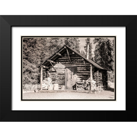 Small- rustic log home in sepia. Black Modern Wood Framed Art Print with Double Matting by Muir, Janet
