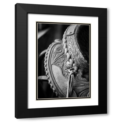 USA-Colorado-Custer County-Westcliffe-Music Meadows Ranch Tack room Tooled leather western saddle Black Modern Wood Framed Art Print with Double Matting by Hopkins, Cindy Miller