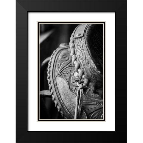 USA-Colorado-Custer County-Westcliffe-Music Meadows Ranch Tack room Tooled leather western saddle Black Modern Wood Framed Art Print with Double Matting by Hopkins, Cindy Miller