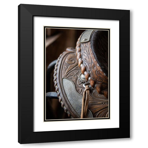 USA-Colorado-Custer County-Westcliffe-Music Meadows Ranch Tack room Tooled leather western saddle Black Modern Wood Framed Art Print with Double Matting by Hopkins, Cindy Miller