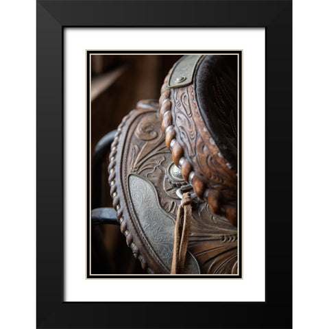 USA-Colorado-Custer County-Westcliffe-Music Meadows Ranch Tack room Tooled leather western saddle Black Modern Wood Framed Art Print with Double Matting by Hopkins, Cindy Miller