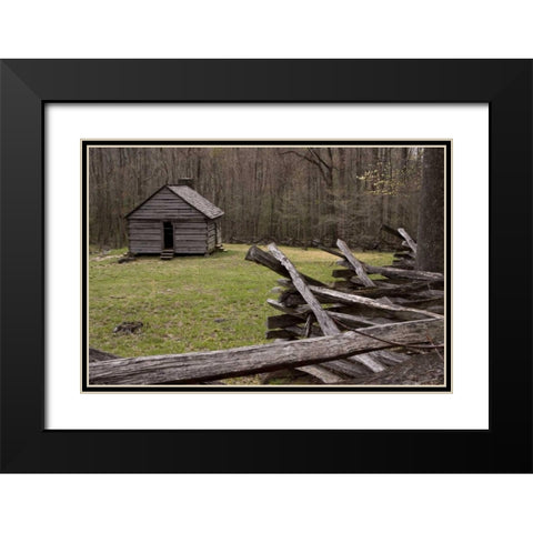 TN, Great Smoky Mts Abandoned cabin and fence Black Modern Wood Framed Art Print with Double Matting by Kaveney, Wendy