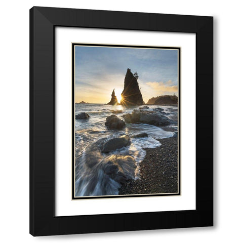Setting sun behind Split Rock on Rialto Beach-Olympic National Park Black Modern Wood Framed Art Print with Double Matting by Majchrowicz, Alan