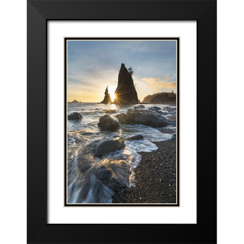 Setting sun behind Split Rock on Rialto Beach-Olympic National Park Black Modern Wood Framed Art Print with Double Matting by Majchrowicz, Alan