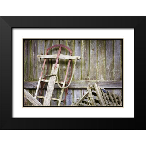 USA, Washington, Belfair Old sled in storage Black Modern Wood Framed Art Print with Double Matting by Paulson, Don