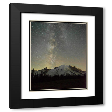 The lights of climbers can be seen on the mountain as the Milky Way rises behind Mt Rainier Black Modern Wood Framed Art Print with Double Matting by Probst, Greg