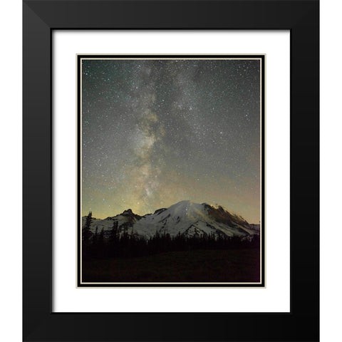 The lights of climbers can be seen on the mountain as the Milky Way rises behind Mt Rainier Black Modern Wood Framed Art Print with Double Matting by Probst, Greg