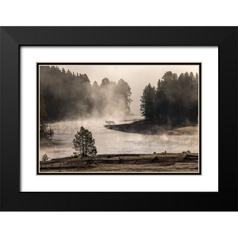 Morning mist on Yellowstone River-Yellowstone National Park-Wyoming Black Modern Wood Framed Art Print with Double Matting by Jones, Adam