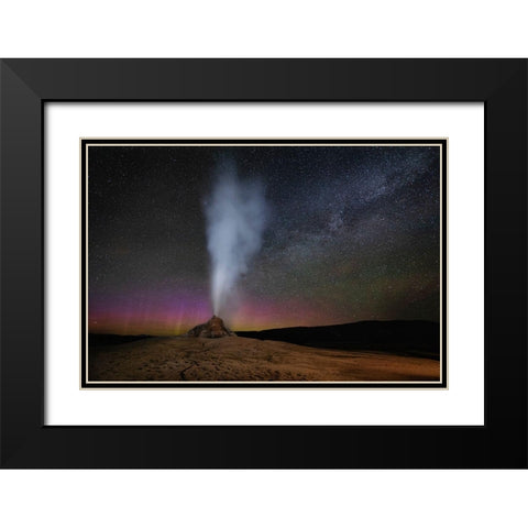 Wyoming-Yellowstone National Park Aurora and Milky Way above erupting White Dome Geyser Black Modern Wood Framed Art Print with Double Matting by Jaynes Gallery