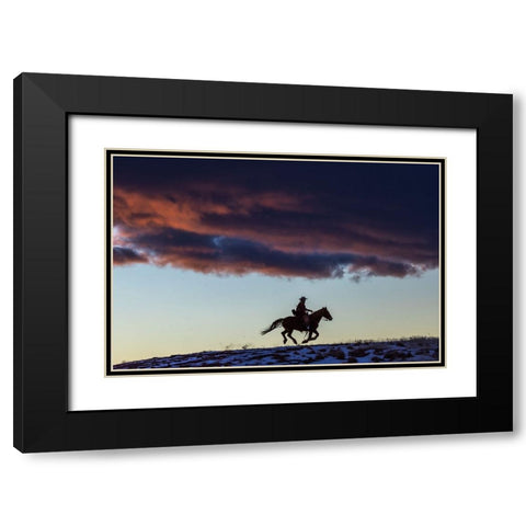 USA- Wyoming. Hideout Horse Ranch- wrangler and horse at sunset. Black Modern Wood Framed Art Print with Double Matting by Looney, Hollice