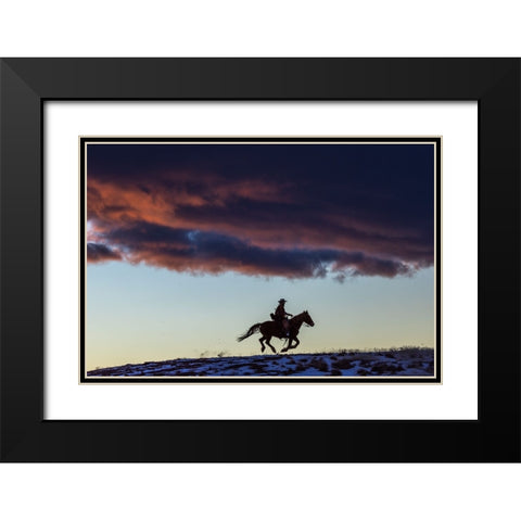 USA- Wyoming. Hideout Horse Ranch- wrangler and horse at sunset. Black Modern Wood Framed Art Print with Double Matting by Looney, Hollice