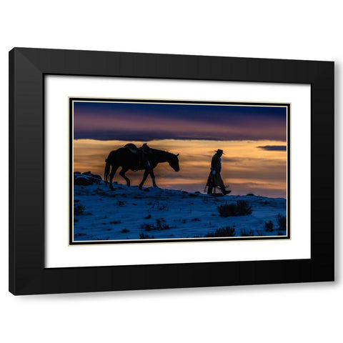 USA- Wyoming. Hideout Horse Ranch- wrangler and horse at sunset. Black Modern Wood Framed Art Print with Double Matting by Looney, Hollice