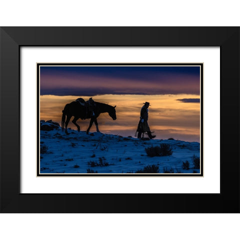USA- Wyoming. Hideout Horse Ranch- wrangler and horse at sunset. Black Modern Wood Framed Art Print with Double Matting by Looney, Hollice