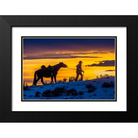 USA- Wyoming. Hideout Horse Ranch- wrangler and horse at sunset. Black Modern Wood Framed Art Print with Double Matting by Looney, Hollice