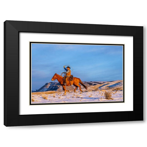 USA- Wyoming. Hideout Horse Ranch- wrangler and horse in snow. Black Modern Wood Framed Art Print with Double Matting by Looney, Hollice