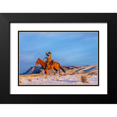 USA- Wyoming. Hideout Horse Ranch- wrangler and horse in snow. Black Modern Wood Framed Art Print with Double Matting by Looney, Hollice