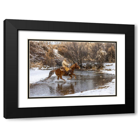 USA- Wyoming. Hideout Horse Ranch- wrangler crossing the stream on horseback. Black Modern Wood Framed Art Print with Double Matting by Looney, Hollice