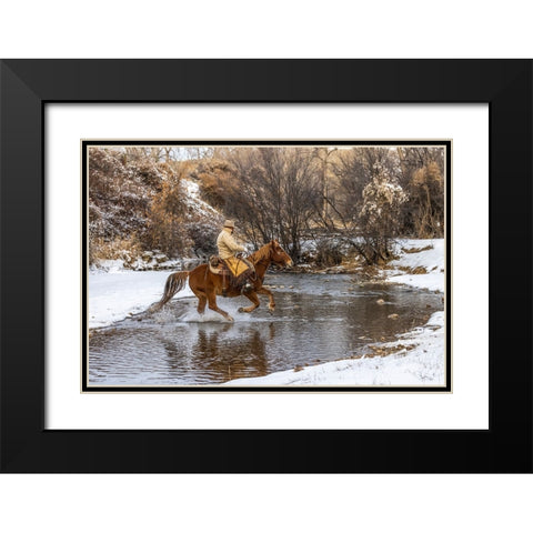 USA- Wyoming. Hideout Horse Ranch- wrangler crossing the stream on horseback. Black Modern Wood Framed Art Print with Double Matting by Looney, Hollice