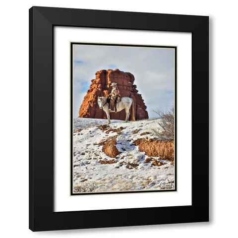 USA- Wyoming. Hideout Horse Ranch- wrangler on horseback in snow. Black Modern Wood Framed Art Print with Double Matting by Looney, Hollice
