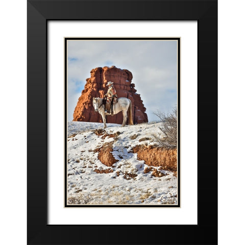 USA- Wyoming. Hideout Horse Ranch- wrangler on horseback in snow. Black Modern Wood Framed Art Print with Double Matting by Looney, Hollice
