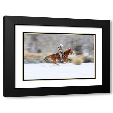 USA- Wyoming. Hideout Horse Ranch- wrangler on horseback in snow. Black Modern Wood Framed Art Print with Double Matting by Looney, Hollice