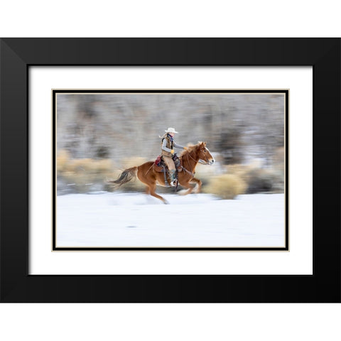 USA- Wyoming. Hideout Horse Ranch- wrangler on horseback in snow. Black Modern Wood Framed Art Print with Double Matting by Looney, Hollice