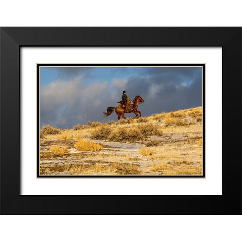 USA- Wyoming. Hideout Horse Ranch- wrangler on horseback in snow. Black Modern Wood Framed Art Print with Double Matting by Looney, Hollice