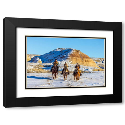 USA- Wyoming. Hideout Horse Ranch- wranglers and horses in snow. Black Modern Wood Framed Art Print with Double Matting by Looney, Hollice