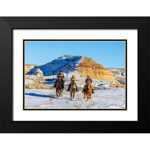 USA- Wyoming. Hideout Horse Ranch- wranglers and horses in snow. Black Modern Wood Framed Art Print with Double Matting by Looney, Hollice