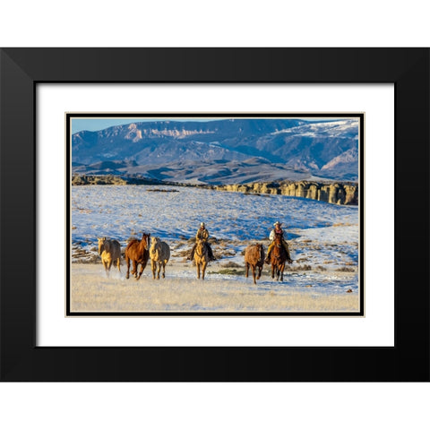 USA- Wyoming. Hideout Horse Ranch- wranglers and horses. Black Modern Wood Framed Art Print with Double Matting by Looney, Hollice
