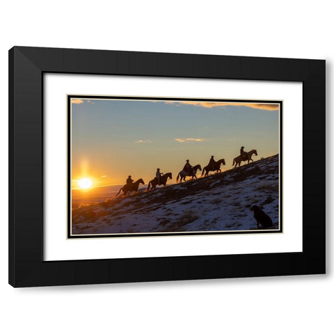 USA- Wyoming. Hideout Horse Ranch- wranglers on horseback in snow at sunset. Black Modern Wood Framed Art Print with Double Matting by Looney, Hollice