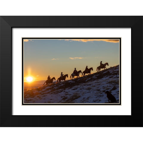 USA- Wyoming. Hideout Horse Ranch- wranglers on horseback in snow at sunset. Black Modern Wood Framed Art Print with Double Matting by Looney, Hollice