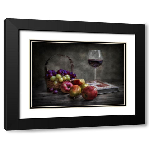 Wine-Fruit And Reading. Black Modern Wood Framed Art Print with Double Matting by Osuna, Fran