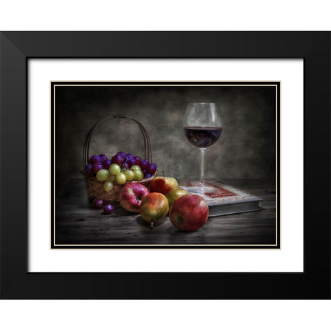 Wine-Fruit And Reading. Black Modern Wood Framed Art Print with Double Matting by Osuna, Fran