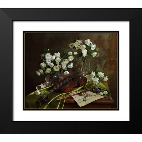 Still Life With Violin And Flowers Black Modern Wood Framed Art Print with Double Matting by Morozov, Andrey
