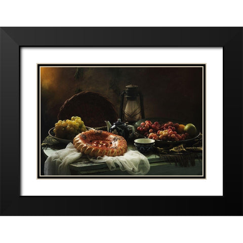 Stilllife  With Cake And Grapes Black Modern Wood Framed Art Print with Double Matting by Ustinagreen