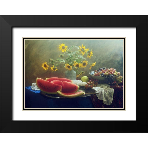 Still Life With Watermelon And Grapes Black Modern Wood Framed Art Print with Double Matting by Ustinagreen